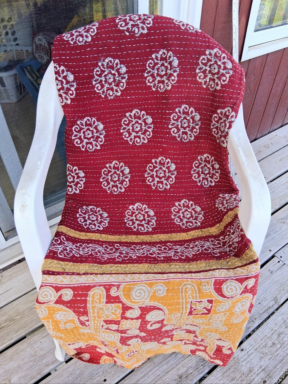 82" x 70" Vintage Indian/West Bengal Kantha Embroidery Art Maroon/Yellow Quilt
